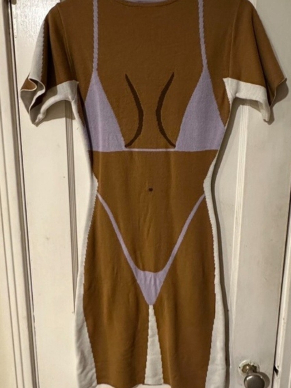 Fashion Brand Company Brown Knit Dress with Cream and Lilac Graphic